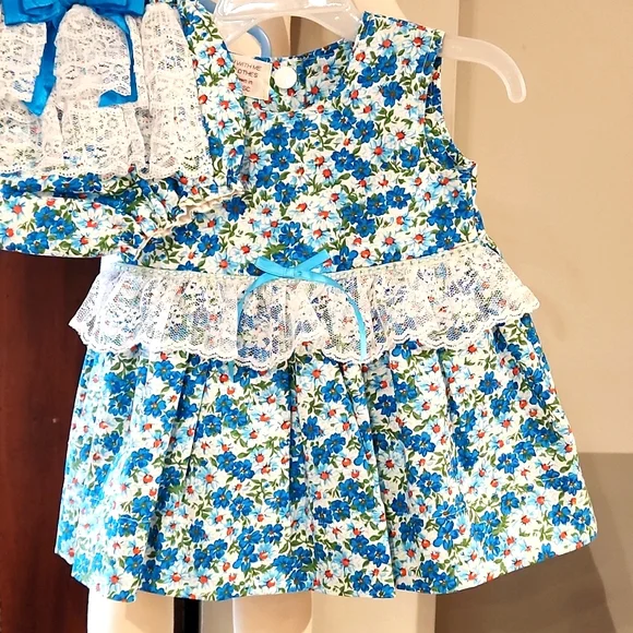 HANDMADE BABY GIRLS 3 PC BLUE, WHITE, ORANGE DRESS OUTFIT SET - Picture 2 of 9